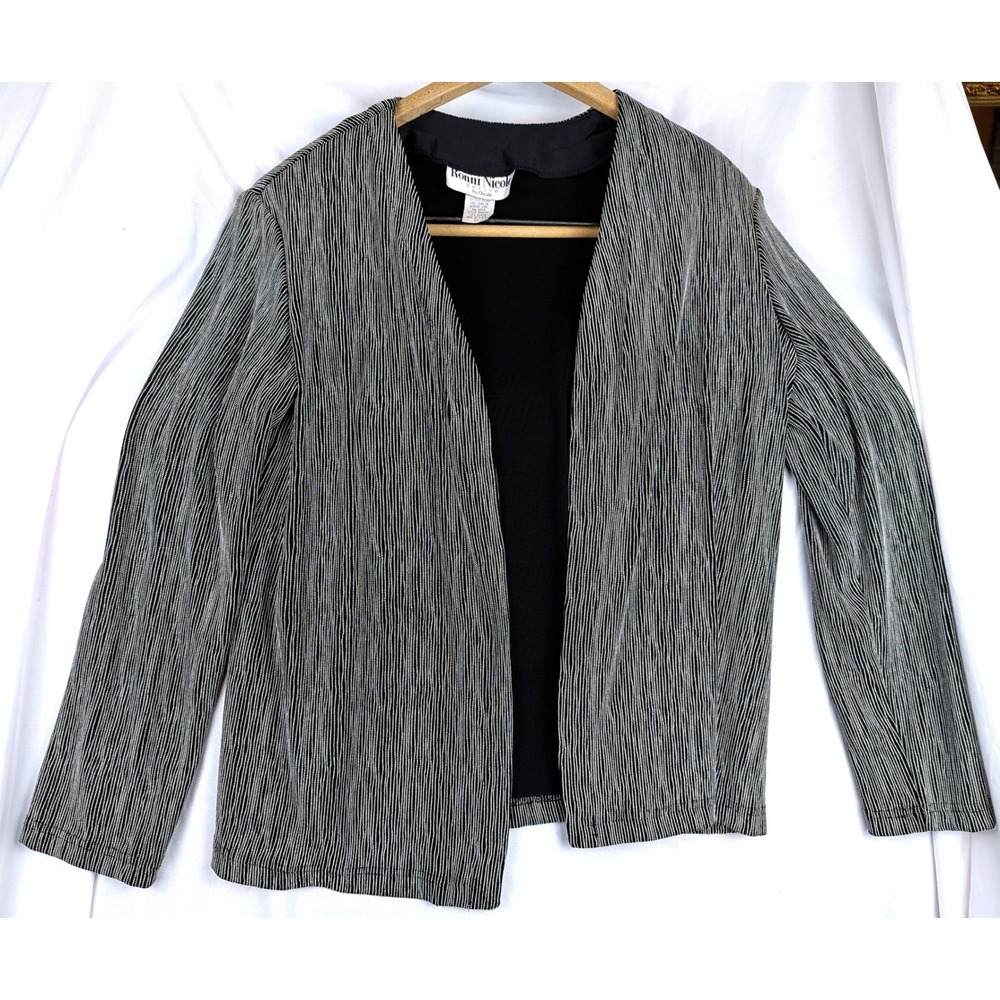 Vintage Ronni Nicole Cardigan Black White Striped Open Front Slinky Knit PL USA
